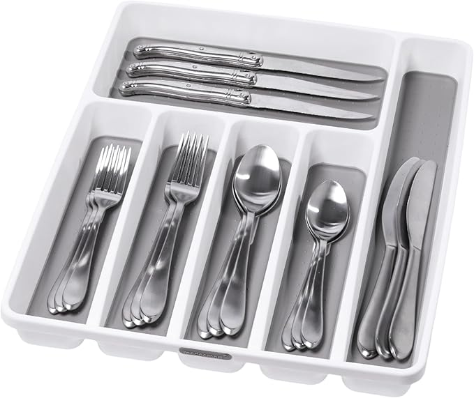 madesmart Premium Silverware Tray, 6 Compartment Flatware Organizer for Forks, Knives & Spoons,Non Slip, Soft Grip Lining, Durable Drawer Organizer, White