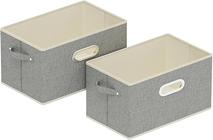 Fabric Open Storage Bins with Metal Handles, Collapsible Organizer Baskets, Foldable Cube Boxes for Shelves, Closet, Living Room, 13x9.1x7.9in, Grey, 2 Pack