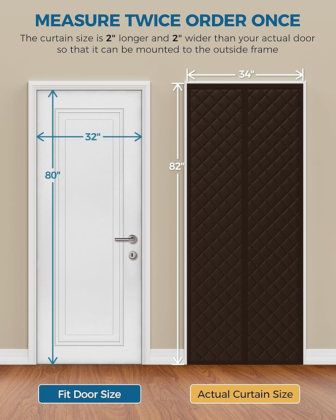 Magnetic Thermal Insulated Door Curtain Fits Door Size 32 x 80 Inch, Insulation Cover for Cold, Oxford Cloth Thicken Cotton Filled Blanket for Front Back Attic Door in Winter, Brown