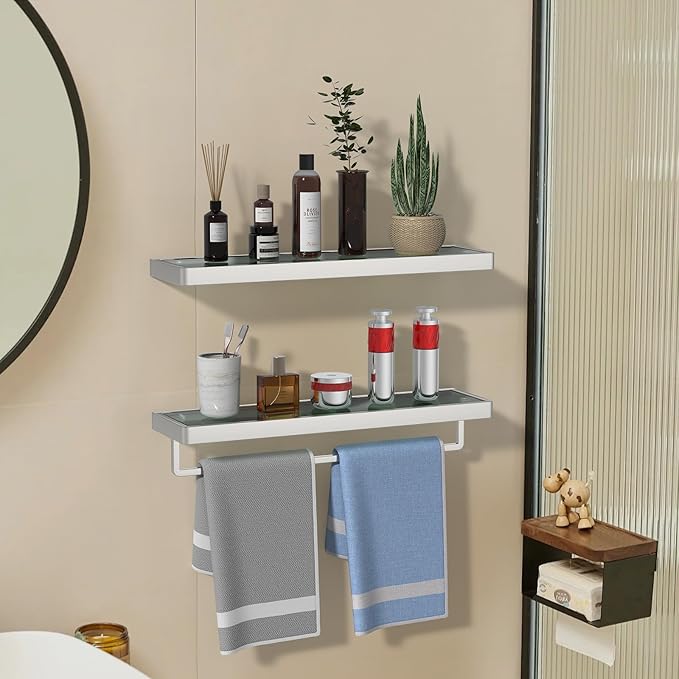SFGSOWOR Glass Floating Shelves for Wall, Brushed Nickel 20 Inch Tempered Glass Rectangular 1 Tier Organizer Shelf for Bathroom