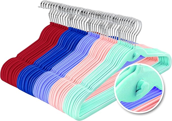 Multi-Color Premium Velvet Hangers with Mini Hooks, Pack of 50, Non Slip, Space Saving Cascading Clothes Hangers, 5 Colors, Pink, Lavender, Navy Blue, Red Burgundy and Mint Green