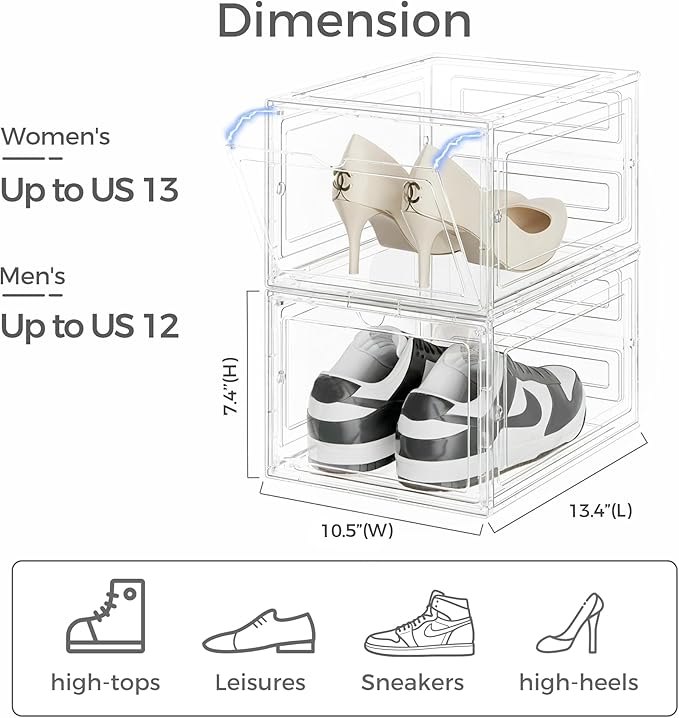 Pinkpum Upgraded Hard Shoe Storage Box 12 Pack X-Large Fit Size 12, Thicken & Sturdy Clear Plastic Stackable Shoe Organizer Box Closet, Sneaker Storage Display Case Holder Bins with Magnetic Door
