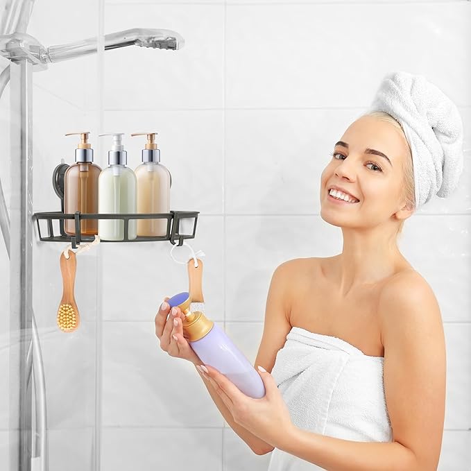 Corner Shower Caddy Shelves - Suction Cup Shower Organizer Shelf with 2 Hooks, No Drilling Rustproof Bathroom Caddies Storage, Adhesive Stainless Steel Wall Hanging Rack for Toilet Kitchen