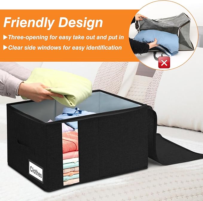 boailydi 60L Comforter Storage Bag, Sturdy Construction Blanket Storage Bin w/Durable Handles, Foldable Storage Box w/Dual Zippers for Sheets Quilts Sweaters Bedding Sets Pillows, 2 Pack, Black