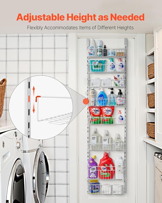 VEVOR Over the Door Pantry Organizer, 8-Tier Pantry Organization and Storage, Heavy-Duty Steel Hanging Spice Rack, Adjustable Wall Seasoning Shelves, for Home Kitchen Laundry Room Bathroom, White