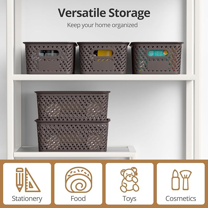 Plastic Storage Bins with Lid, Stackable Small Box Basket for Organizing and Containers for Shelves Drawers Desktop Closet Playroom Pantry Classroom Office Home, 6-pack 10.2x7.2x4.1 Inch, Brown