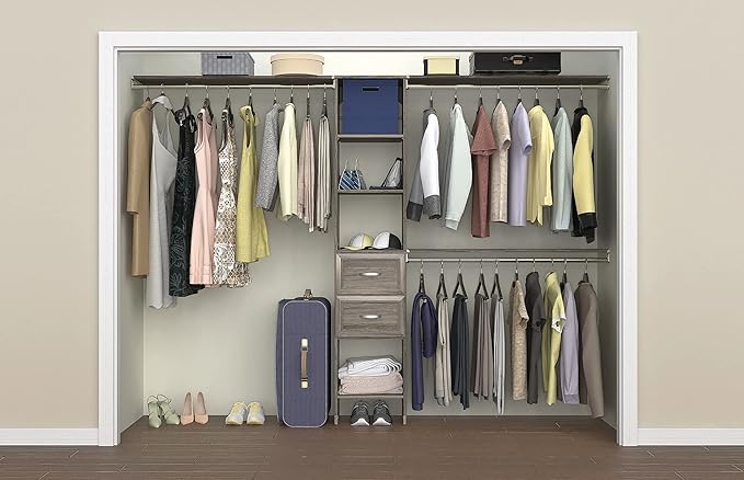 ClosetMaid SuiteSymphony Wood Closet Organizer Kit with Tower, 3 Hang Rods, Top Shelves, 2 Drawers, Adjustable, Fits Spaces 5-9 ft. Wide, Graphite Grey