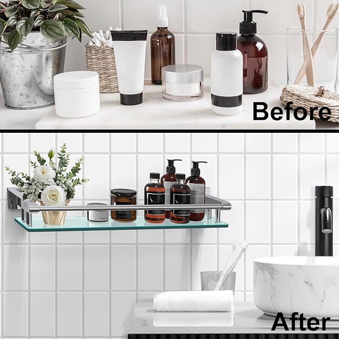 SFGSOWOR Glass Shelves for Bathroom, 20IN Rectangular Chrome Stainless Steel Tempered Glass Shelf Wall Mount Shelf Sink Over Toilet Modern Bathroom (Chrome Polished, 20‘’)