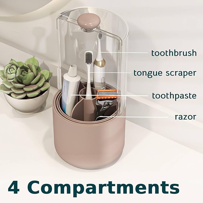YOOLENS Toothbrush Holder with Cover 360 Rotating 4 Compartments Bathroom Toothpaste Electric Toothbrush Organizer, Pink