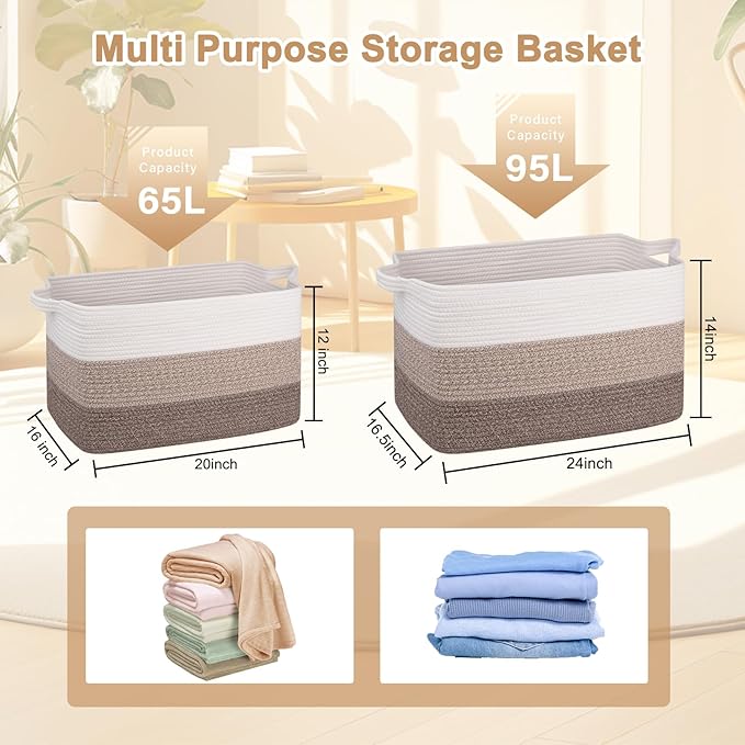 OIAHOMY Extra Large Blanket Basket, 95L Woven Storage Basket, Cotton Rope Toy Bin for Baby Room, Container for Storage in Living Room, 24''×17''×14'', Gradient Brown