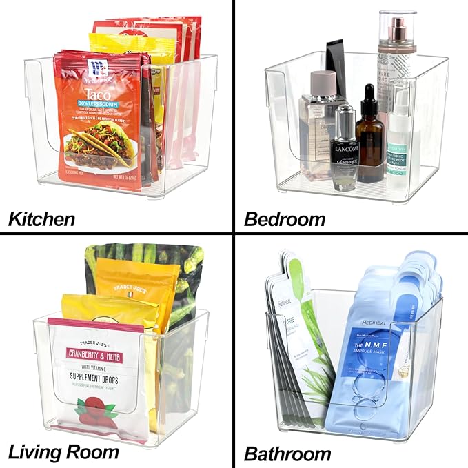 Snack Organizer, Clear Storage Cube Bin, Freezer Organizer Bins, Plastic Food Seasoning Packet Holder for Kitchen Cabinet, Pantry, Shelf, Drawer, Fridge Organization, 7 Inch