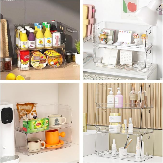 Nicunom 2 Pack Stackable Plastic Storage Bins Open Front, Clear Pantry Organizer Bin Household Food Storage Bin for Kitchen Countertops Cabinet Shelf Fridge