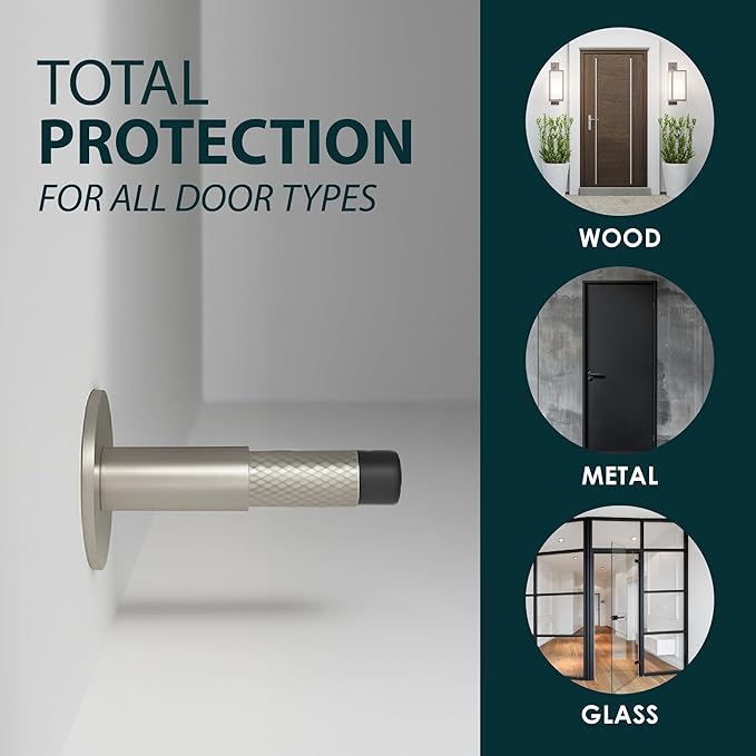 Mega Handles Knurled Baseboard Door Stopper - Heavy Duty Door Stoppers for Bottom of Door, Zinc Alloy Door Stops with Rubber Tip - Satin Nickel