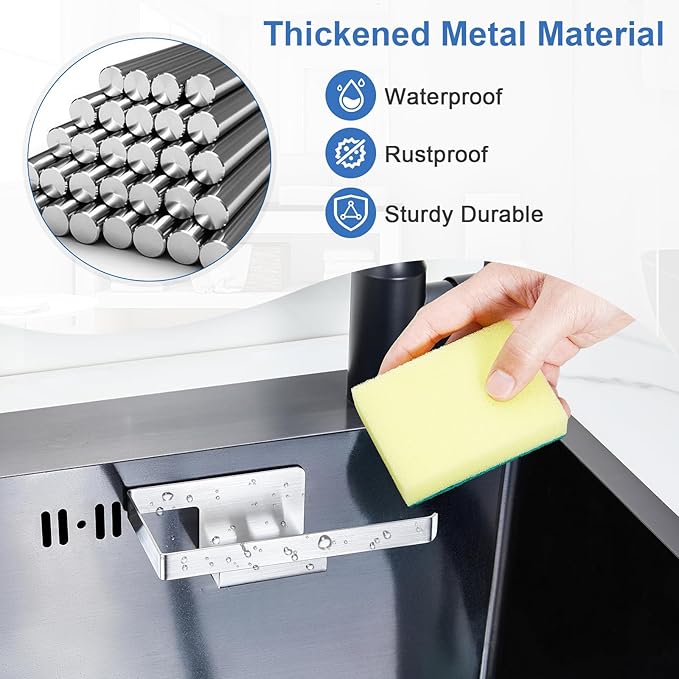 Sponge and Dish Cloth Holder for Kitchen Sink, 2 in 1 Adhesive Sink Dish Sponge Holder, Sinks Caddy Organizer Rack for Storage Sponges Scrubber Glove and Brush, Silver