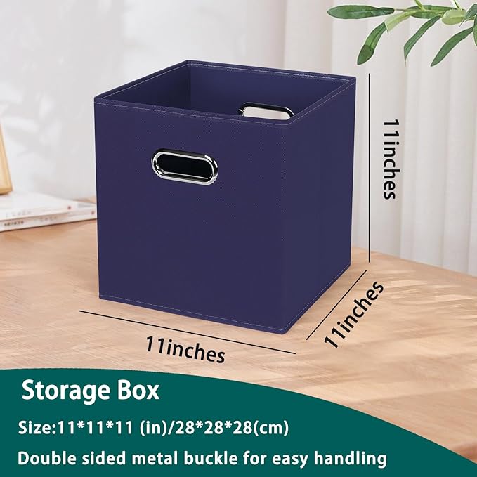 Black Foldable Storage Cubes Bins, Fabric Storage Box Cubes Organizer Baskets with Dual Handles for Home Organizer,Set of 6,(Navy Blue)