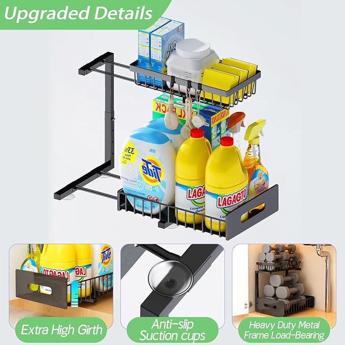 Under Sink Organizer, Adjustable Shelves, 2 Pack Pull Out Cabinet Organizer Slide Out Sink Shelf Cabinet Storage Shelves, Under Sink Storage for Kitchen Bathroom Cabinet