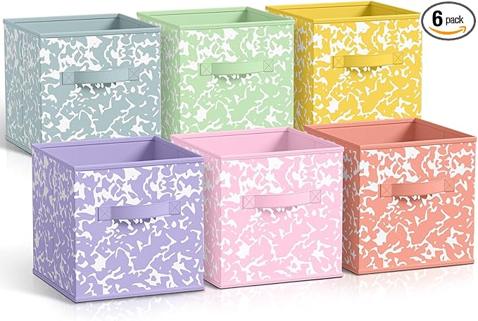 LemonRoad 6 Fabric Storage Cubes 11 Inch Foldable Marble Storage Bins for Organizing Pantry, Toy Box, Clothes Closet Collapsible Baskets for Shelves with Handle(Macaron Color,Classic Style)