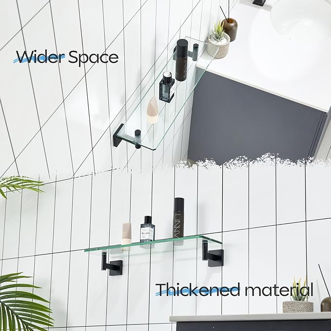 KOKOSIRI Bathroom Shelves Glass Floating Shelf 20-Inch for Bedroom, Living Room, Kitchen, Storage Hanging Rack Rustproof Wall Mounted Black B1105BK-L20