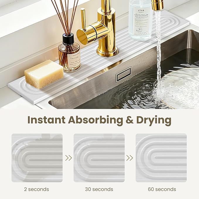 Faucet Mat for Kitchen Sink,Diatomite Fast Drying Stone Sink Tray,Faucet Splash Guard for Bathroom Counter [23.6"x4"],Super Absorbent, Prevents Moisture Buildup