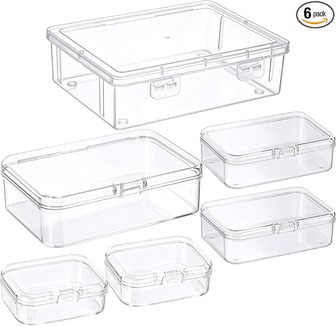 Jetec 6 Pieces Mixed Sizes Rectangular Mini Plastic Clear Beads Storage Containers Box for Collecting Small Items Beads Jewelry Business Cards Pieces Crafts Empty Sewing Supplies