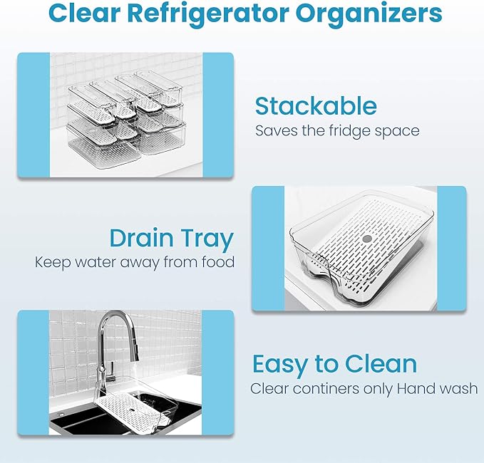 10 Pack Refrigerator Organizers, Clear Container and Organizer Bins with Lids, Stackable Storage Containers for Fruits, Vegetable (Set of 10)
