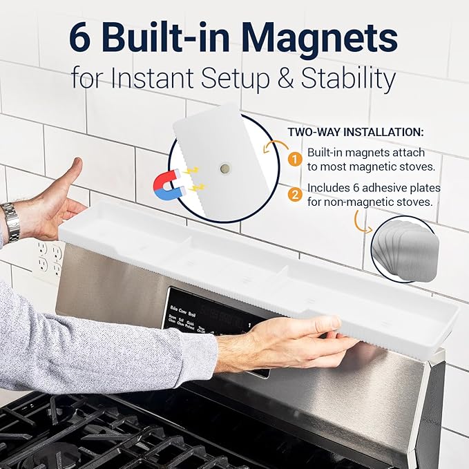 Silicone Magnetic Stove Shelf For Back Of Stove - Over The Stove Shelf, Magnetic Stove Top Shelf, Over The Stove Spice Rack, Oven Shelf For Top Of Stove, Heat Resistant, Includes 6 Extra Plates, White