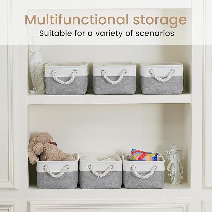 Storage Baskets for Shelves 11.8x7.9x5.2 Inch, Foldable Fabric Storage Bins with Handles, Small Storage Baskets for Organizing Closet, Office, Home Organization (6-Pack, White&Gray)