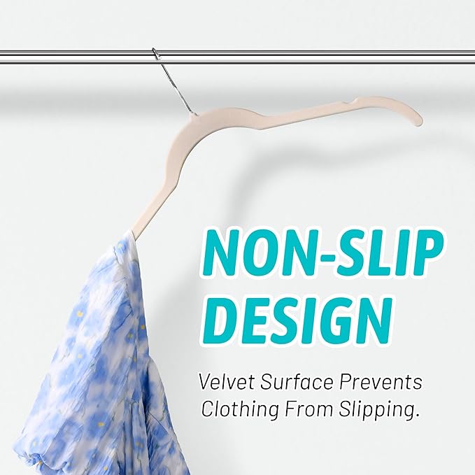 Sishynio Premium Velvet Shirt Hangers 50 Pack, Non-Slip 360° Swivel Hook Slim Flocked Coat Hanger, Space Saving Felt Hanger for for Tank Top, Blouses, Strappy Dresses(Beige)
