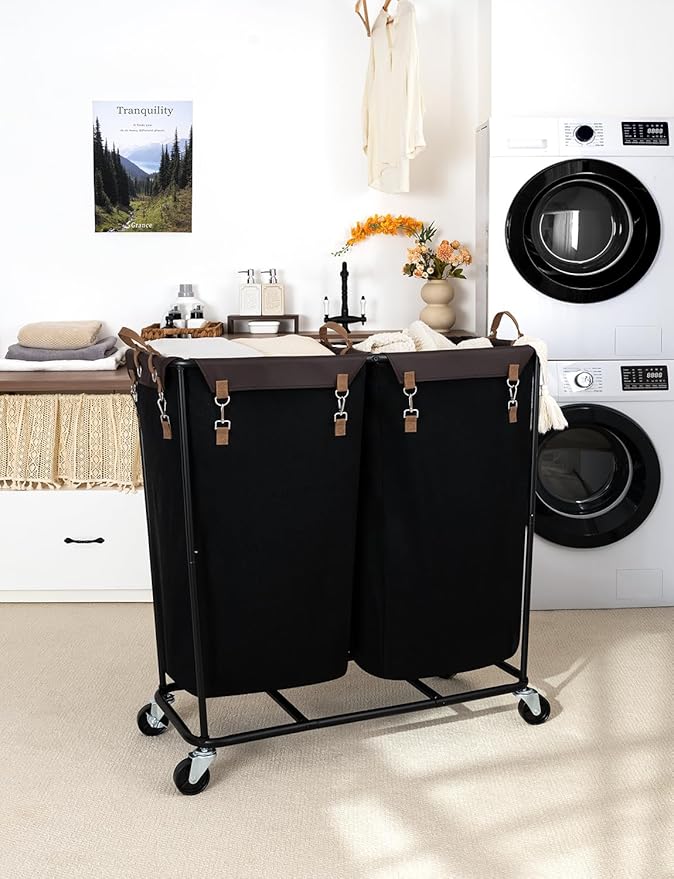 StorageWorks 390L Extra Large Laundry Hamper with Wheels, Laundry Basket with Wheels 2 Sections, Clothes Sorter Cart with Divider for Hotel, Home, Black, 1-Pack