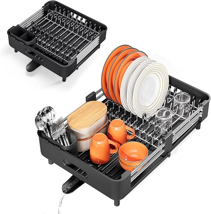 Stainless Steel Dish Drying Rack - Dish Drainer for Kitchen Counter, Extendable Drainboard with Foldable, Space-Saving Cup & Bowl Organizer, Includes Knife and Utensil Holder, Black