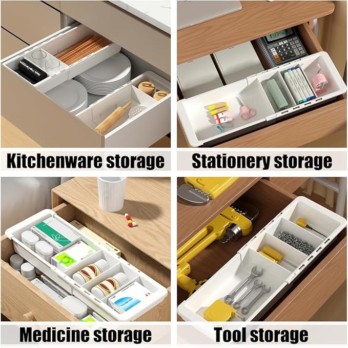 YOOUSOO Expandable Drawer Organizer, 2 PCS Adjustable Drawer Organizer Trays, Drawer Dividers Organizers and Storage For Office Supplies, Pens, Makeup,Utensils, Tools, Flatware and Junks, White