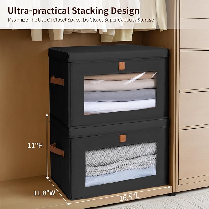 Collapsible Storage Bins - Large Stackable Organizer Bins, Decorative Boxes with Handles & Window, Fabric Containers for Living Room, Closet, Dorm, 4 Pack, Black