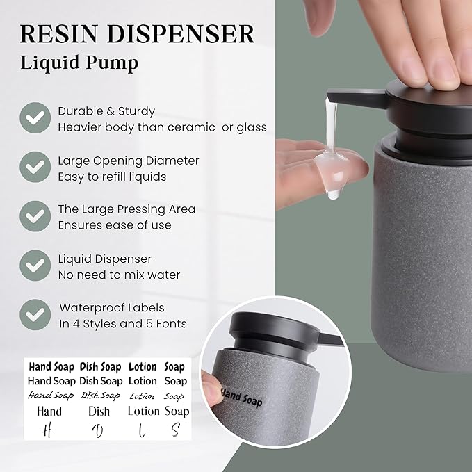 Liquid Soap Dispenser with Easy-to-Press Pump, 10 oz Refillable Hand Soap Dispenser with Extended Spout for Bathroom Kitchen Dish Lotion, Modern Stone Texture (Gray)