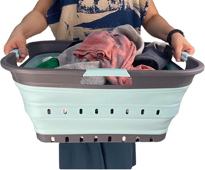 SAMMART 42 (11 Gallons) Collapsible Plastic Laundry Basket, Foldable Pop Up Storage Container/Organizer, Space Saving Hamper, Portable Bin for Dorm Room Bathroom (1, Grey/Lake Green)
