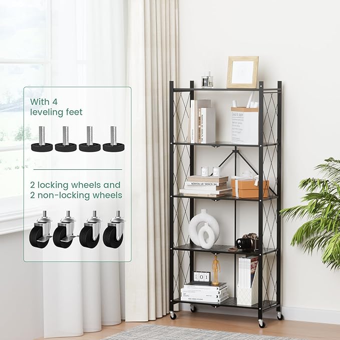 ALANNG 5 Tier Storage Shelves on Wheels, No Assembly Metal Folding Shelf Heavy Duty, Black | Colorful | Rolling | Collapsible | Rack Unit | for Living Room Office | 13.4" D x 28" W x 64.6" H