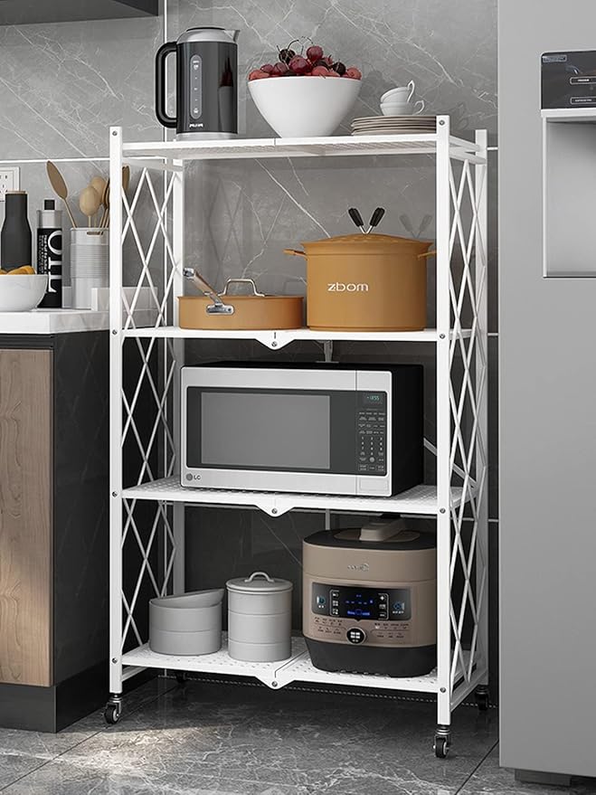 Lanstics 4 Tier Foldable Folding Shelves Heavy Duty Storage Shelving with Wheels Metal Shelf Standing Shelves Units for Home Kitchen Living Room
