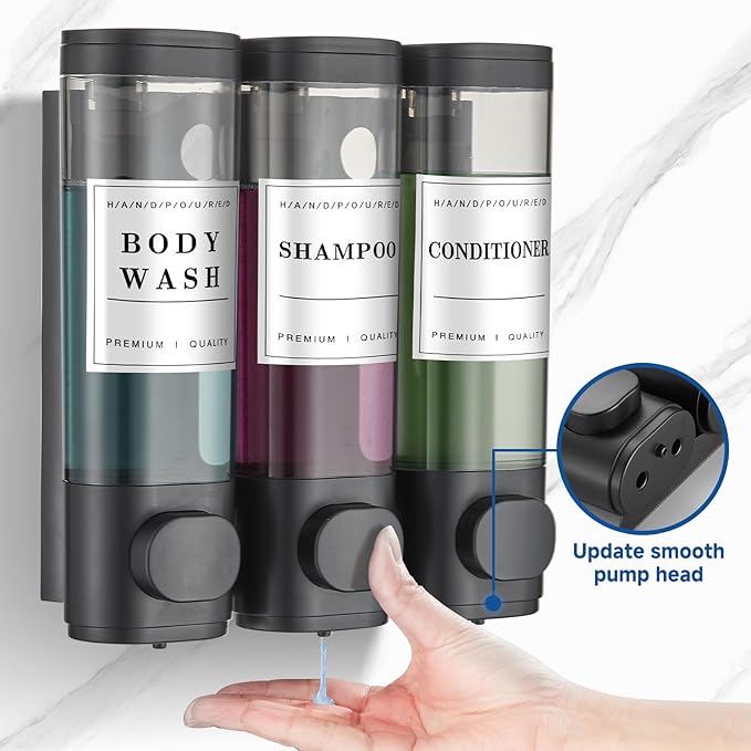 Shower Soap Dispenser Wall Mounted No Drill Shampoo Dispenser for Shower Wall Shampoo and Conditioner Dispenser Bathroom Hotel 3 * 300ml Black with Waterproof Labels