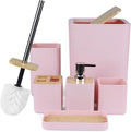 CERBIOR Bathroom Accessories Set 6 Piece Bamboo Bath Ensemble Includes Soap Dispenser, Toothbrush Holder, Toothbrush Cup, Soap Dish for Decorative Countertop and Housewarming Gift (Pink)