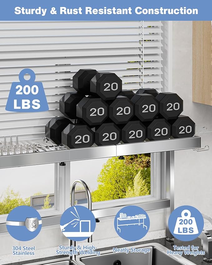 2 Tier Extra Large Over The Sink Dish Drying Rack, Expandable Stainless Steel Dish Drainer with Multifunctional Organizer, Space-Saving Above Sink Dish Rack with Large Capacity for Kitchen Counter