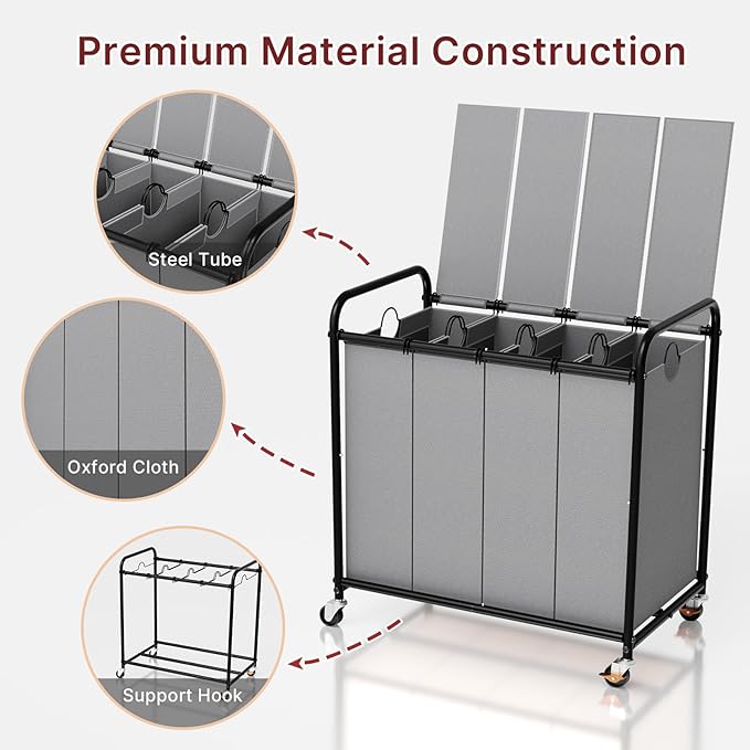 4-Compartment Laundry Cart with Lockable Wheels & Lid 180L Large Wheeled Laundry Basket Heavy-Duty Sorting Organizer for Laundry Room (Grey)