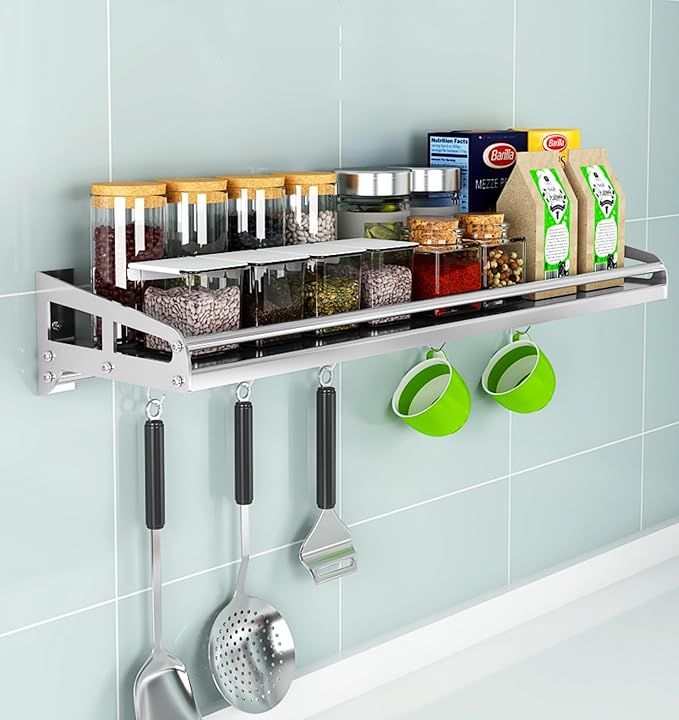 Floating Shelf 304 Stainless Steel Metal Heavy Duty Household Spice Rack Microwave Mounted Storage Rack for Kitchen Bedroom Bathroom (Length60CM*Wide15CM)