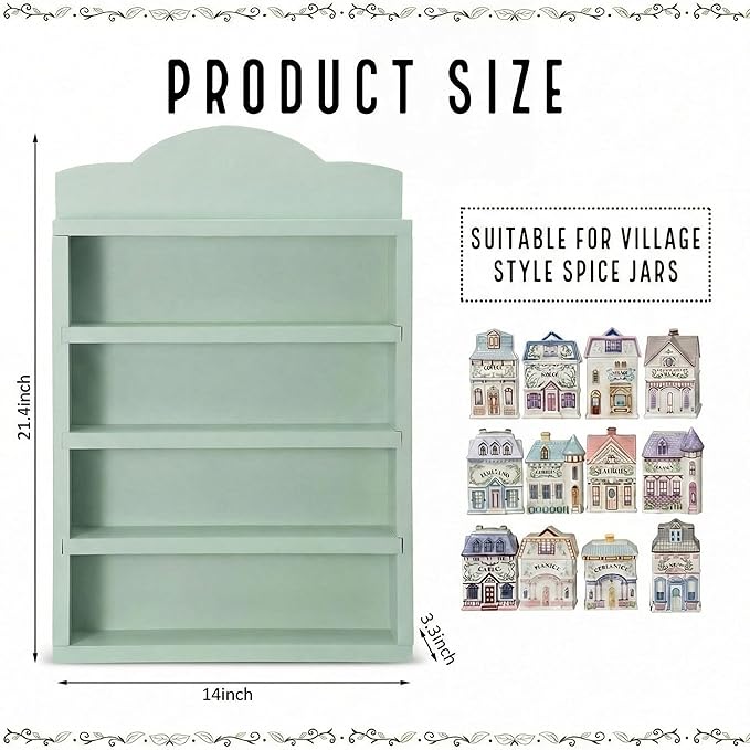 Chunful Vintage Spice Village Wooden Rack 22 x 17 x 4 Inches Green Display Rack with 4 Shelves for Wall Mounting Kitchen Storage Spice Village Display Shelf for 24 Jars, Shelf Only