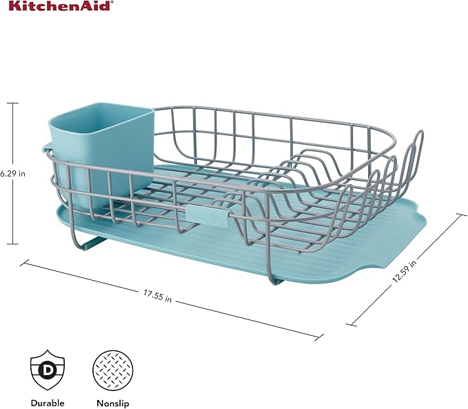 KitchenAid Low Profile Compact Dishrack with Removable Flatware Caddy and Angled Self-Draining Board, Rust Resistant Wires, 12.59 x 17.55 x 6.29 Inch, Mineral Water