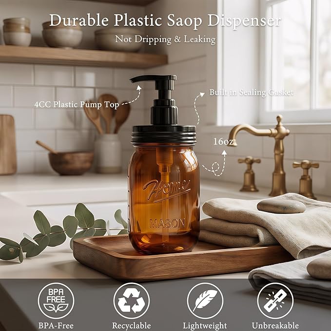 Amolliar Plastic Mason Jar Soap Dispenser with Pump Lid,16OZ Refillable Hand Soap Dispenser Set with Cute Lables - Farmhouse Decor for Kitchen Bathroom, Liquid Soap, Dish Soap, Lotion (2 Pack, Amber)