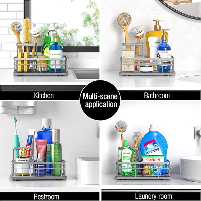 EXTRA LARGE Kitchen Sink Caddy Organizer, [FLEXIBLE PLACEMENT & FAST-DRYING] Sponge Holder for Kitchen Sink Countertop,Stainless Steel with Rust-Resistant Coating-10.24" L x 6.5" W x 5.83" H