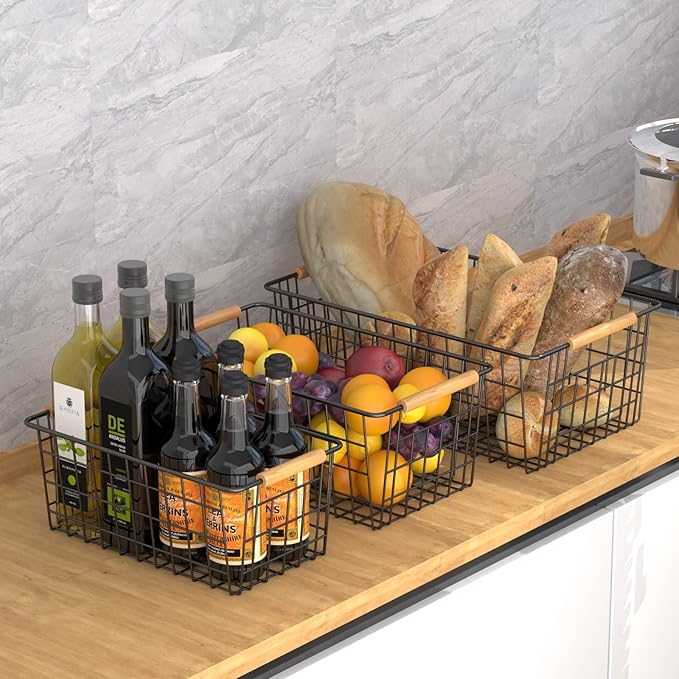 Wire Storage Baskets with Wooden Handles, 3 Pack Metal Organizer Baskets for Kitchen, Pantry, Freezer, Laundry,Farmhouse,Bathroom Baskets for Organizing,Black (1 Small, 1 Medium, 1 Large)