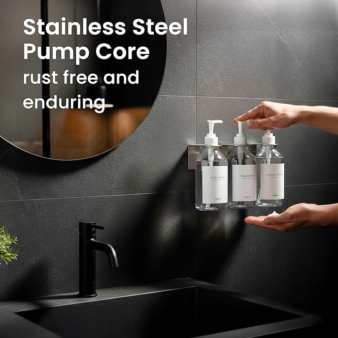 MaisoNovo Shampoo and Conditioner Dispenser - Shower Soap Dispenser Wall Mounted - 16.9 fl oz Set of 3 Clear Plastic Bottles White Pump - Shampoo Dispenser, Shower Dispenser 3 Chamber No Drill