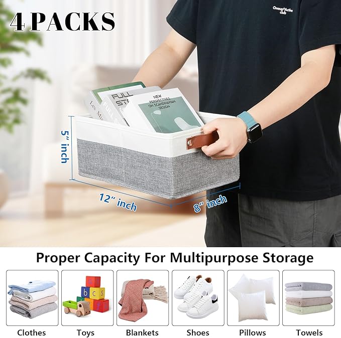Bidtakay Small Storage Bins 4-Pack Collapsible Fabric Storage Baskets for Organizing 12x8x5 Inches White/Light Grey