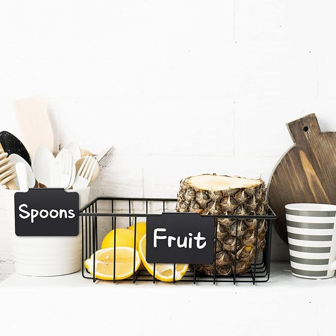 34 Pcs Plastic Basket Bin Label Clip on Removable Basket Label Clip with White Chalk Markers for Kitchen Pantry Storage Fabric Box Hanging Bin