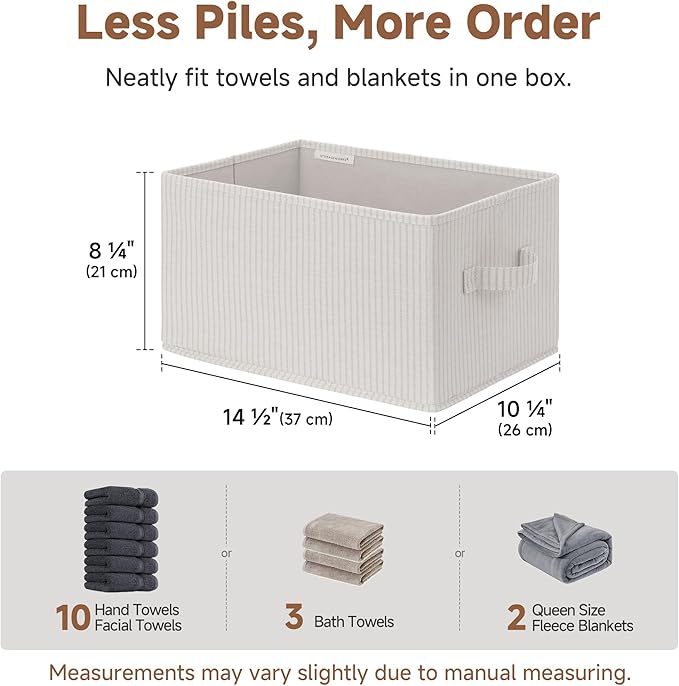 StorageWorks Foldable Shelf Organizer Bins, Closet Storage Baskets for Clothes, Fabric Storage Bins for Shelves, Beige Stripes, 3-Pack, Large